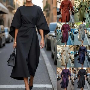 2025 Foreign Trade Women's Clothing, European and American Cross-border Fashion, Elegant Solid Color Waist-cinching Dress, Casual Batwing Sleeve Long Skirt