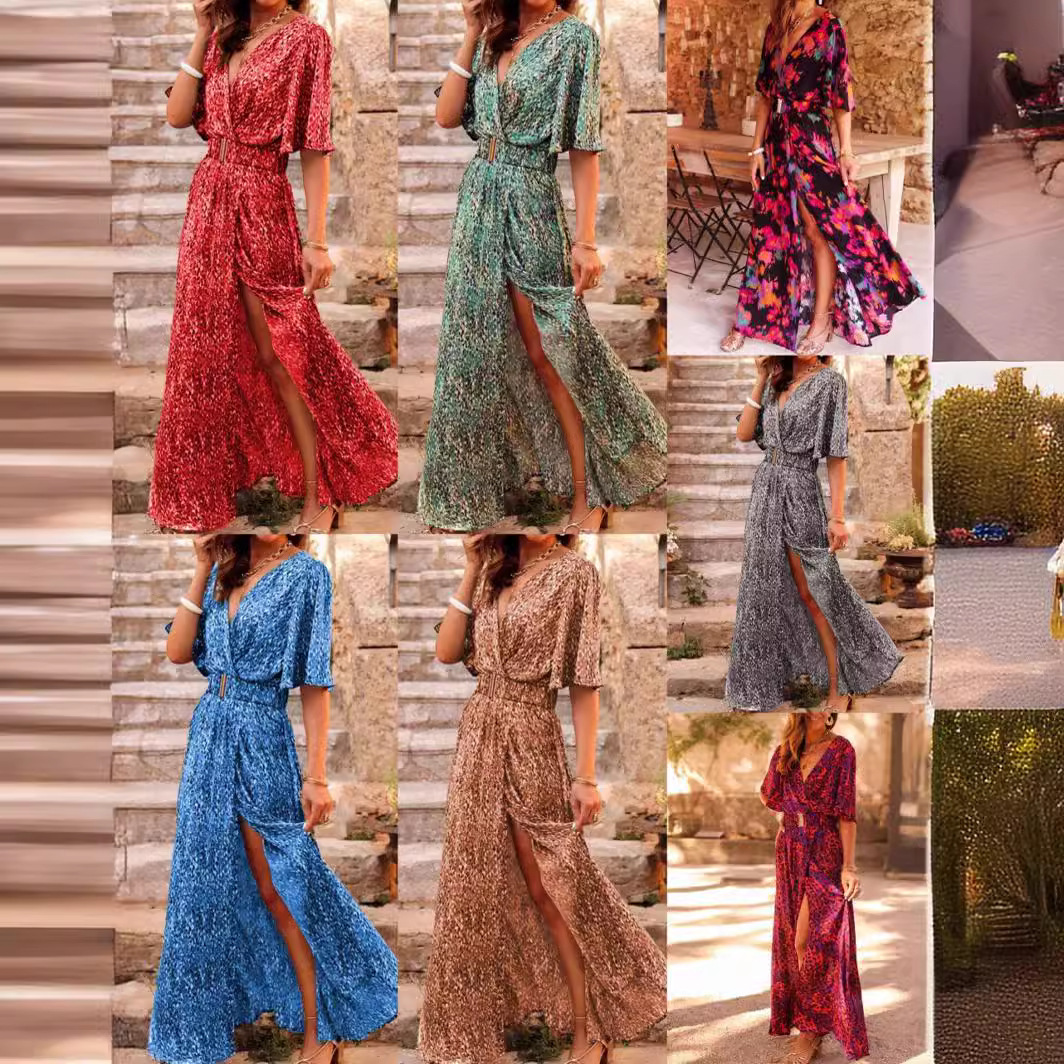 2025 spring and summer new European and American cross-border printed short-sleeved dress slim waist commuting mid-length temperament - Image 2
