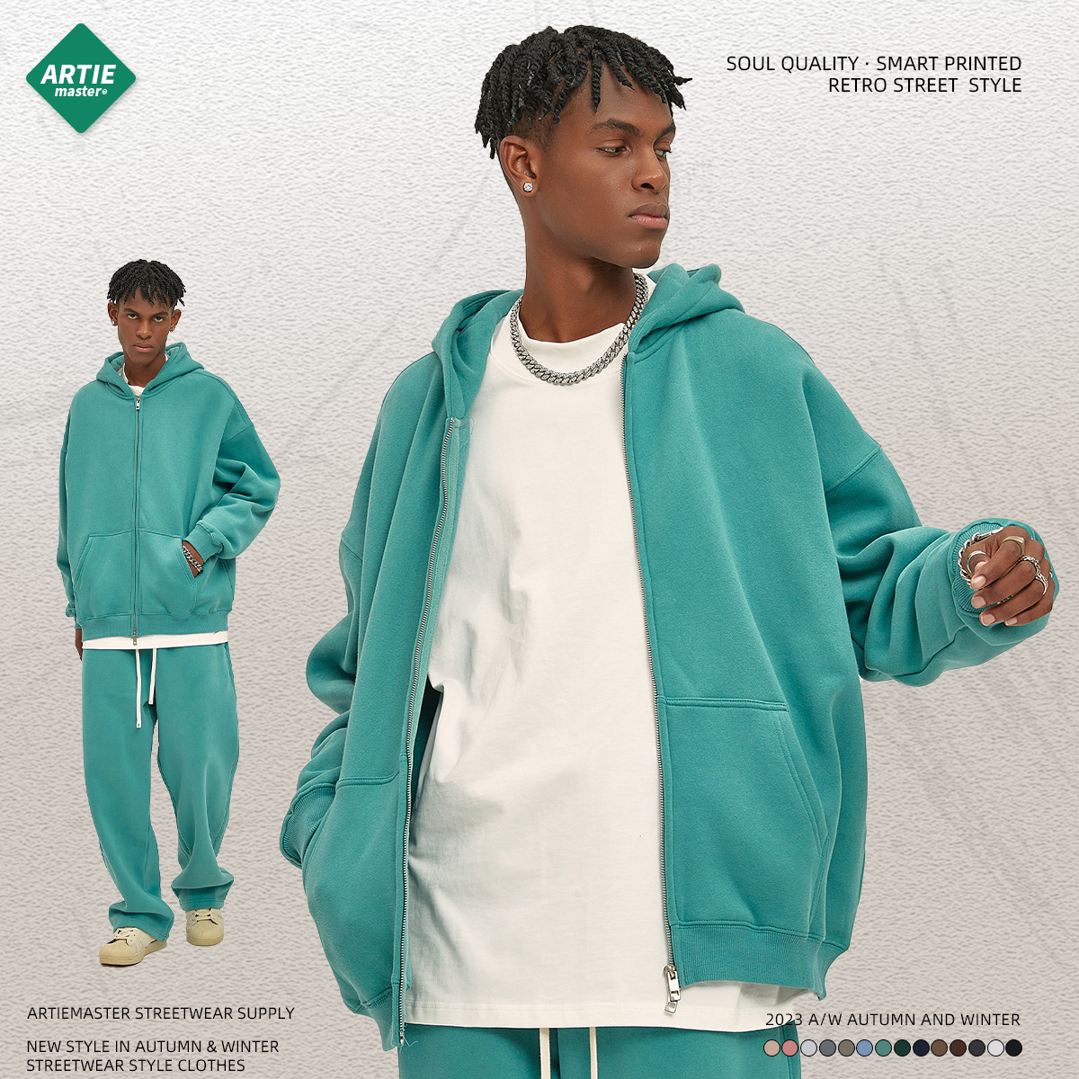 ARTIE Men's Wear-2024 Autumn and Winter New Products Plus Velvet 350G Double-Head Zipper Cardigan Loose Fashion Brand Hooded Sweatshirt - Image 2