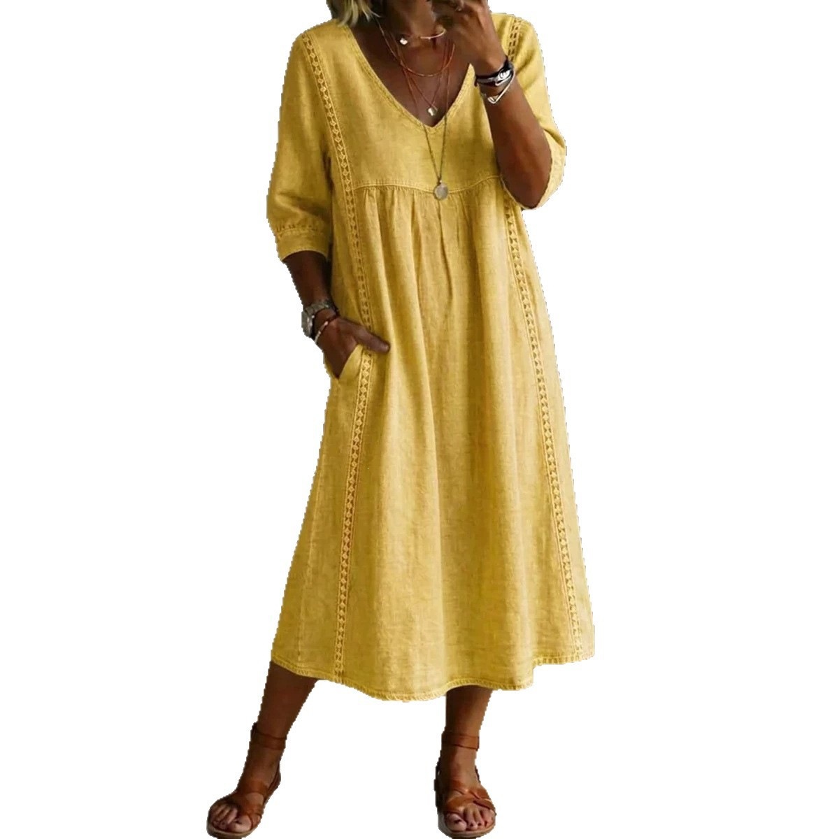 2026 Amazon New Summer European and American Style Cotton Linen V-neck Loose Fit Slimming Three-Quarter Sleeve Mid-Length Women's Dress - Image 5