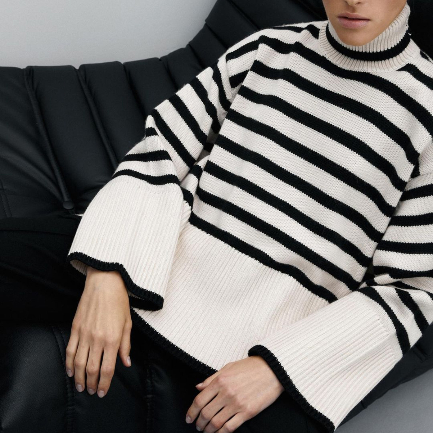 2021 cross-border autumn and winter new AliExpress Amazon popular women's high-neck knitted striped slit sweater top - Image 7