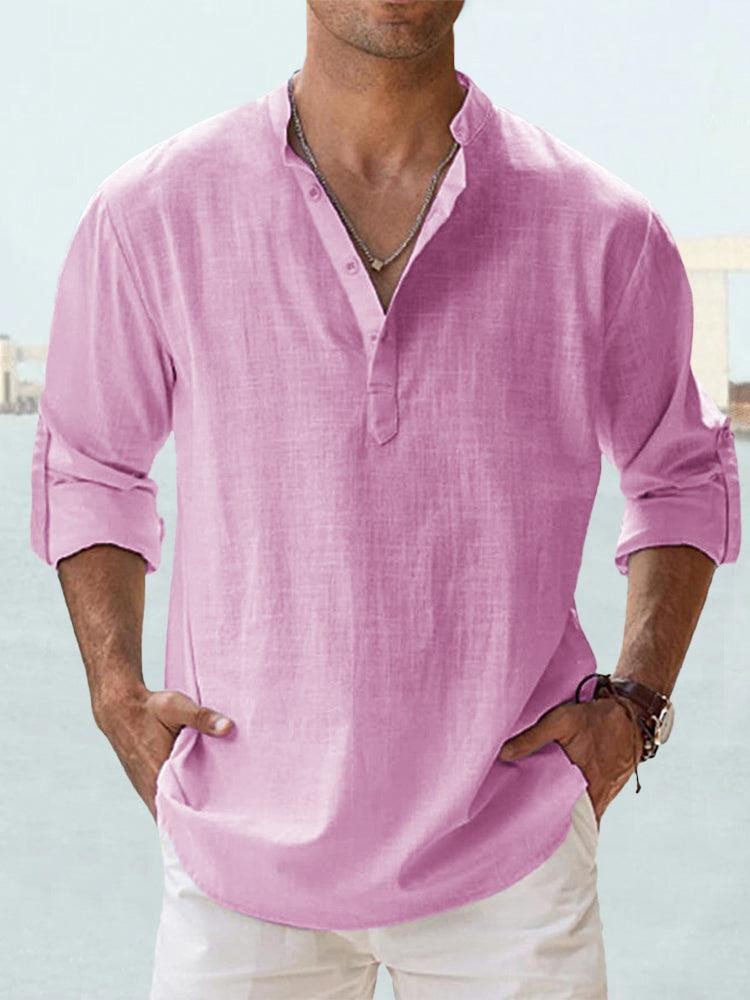 Summer New Casual Men's Loose Fit Stand Collar Sports Solid Color Long Sleeve Pure Cotton Shirt Plus Size Available - Image 13