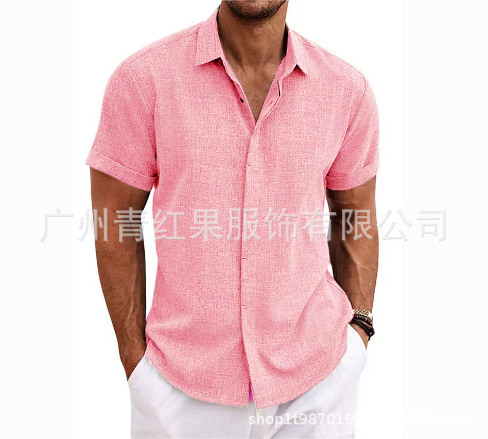 Men's linen short-sleeved T-shirt loose sweatshirt solid color short-sleeved cotton and linen shirt men's beach large size men's short-sleeved shirt - Image 14