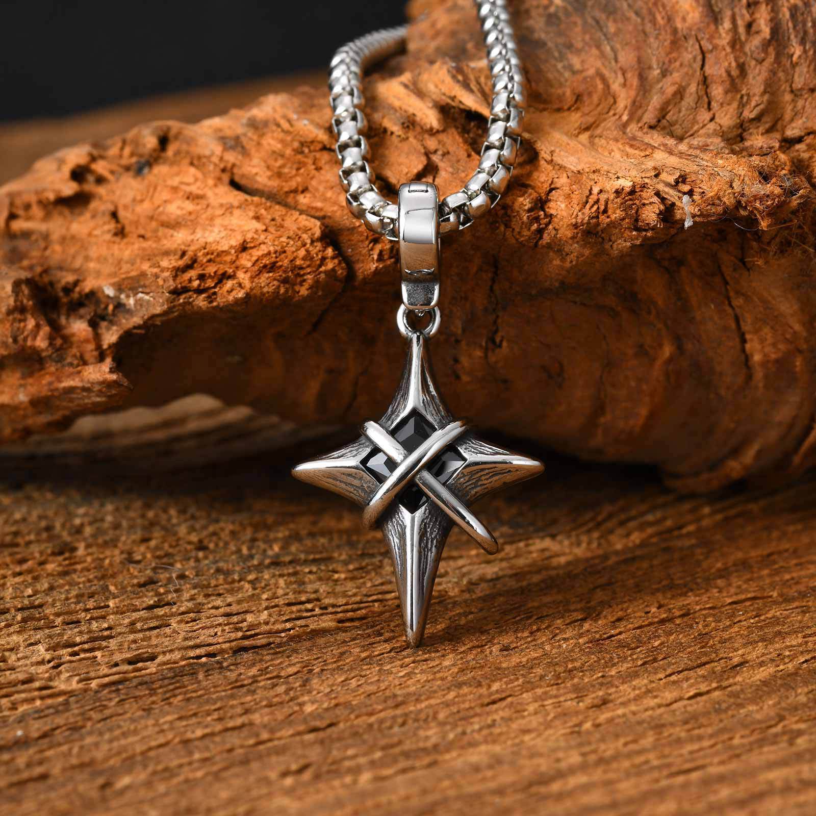 European, American, Japanese, and Korean nightclub/bar hip-hop personalized stainless steel four-pointed star pendant with black zircon, steel color PN-2316