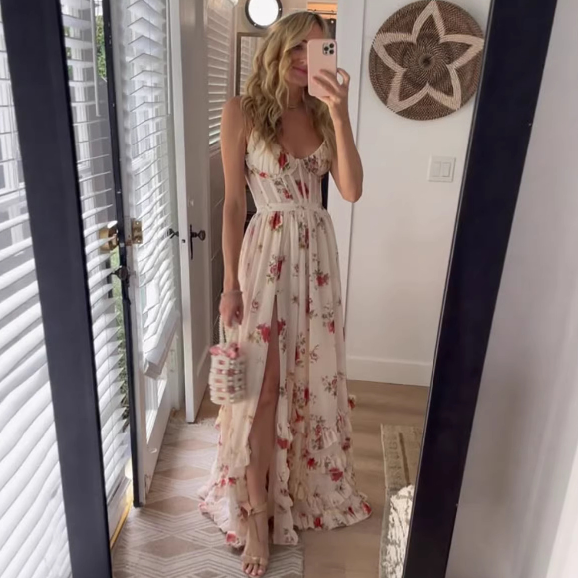 Cross-border European and American fashion summer new blue French style suspender dress, resort style floral waist-cinching long dress SY385 - Image 4