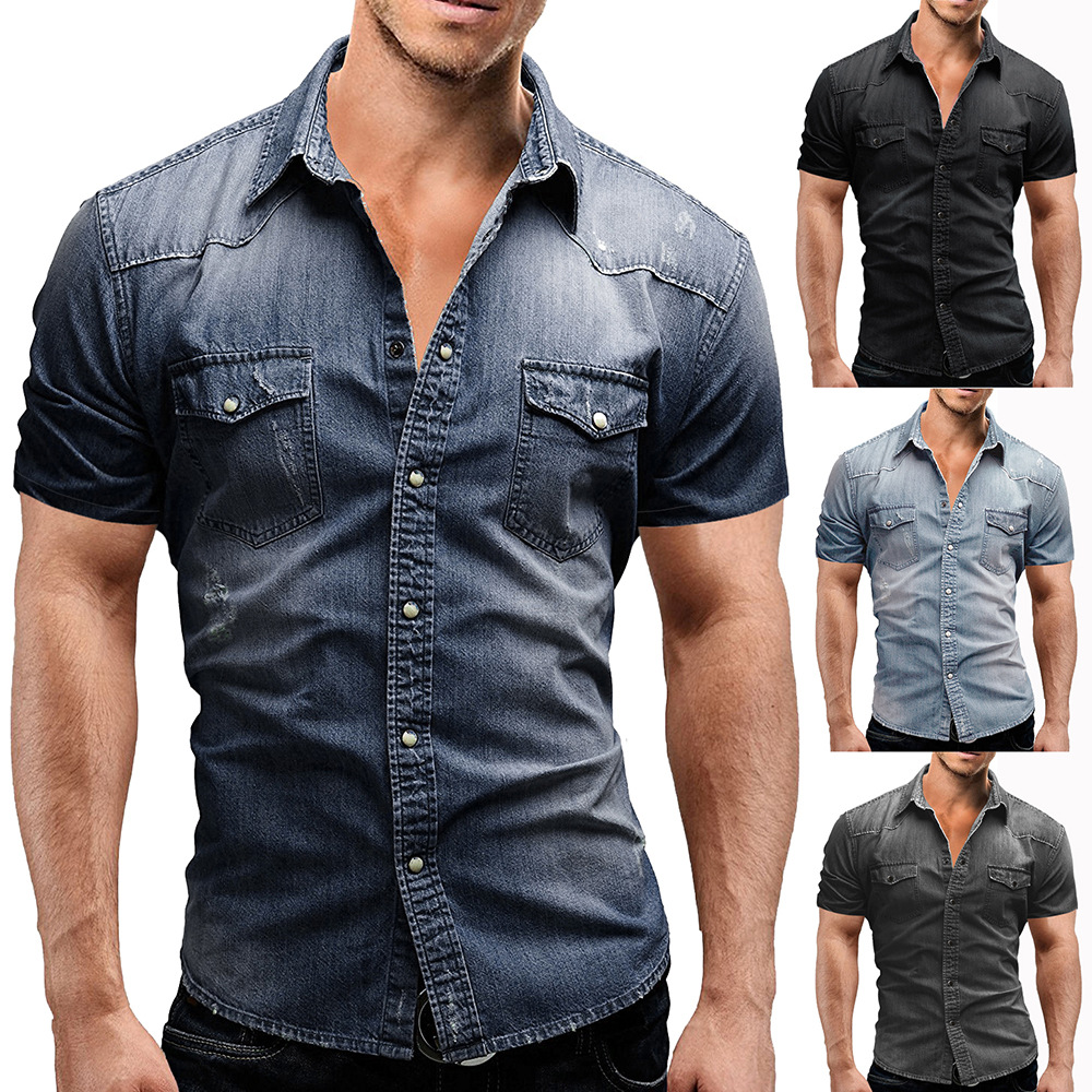 Hong Kong trendy brand 2023 summer new casual solid color men's denim short-sleeved shirt casual large size designer style - Image 2