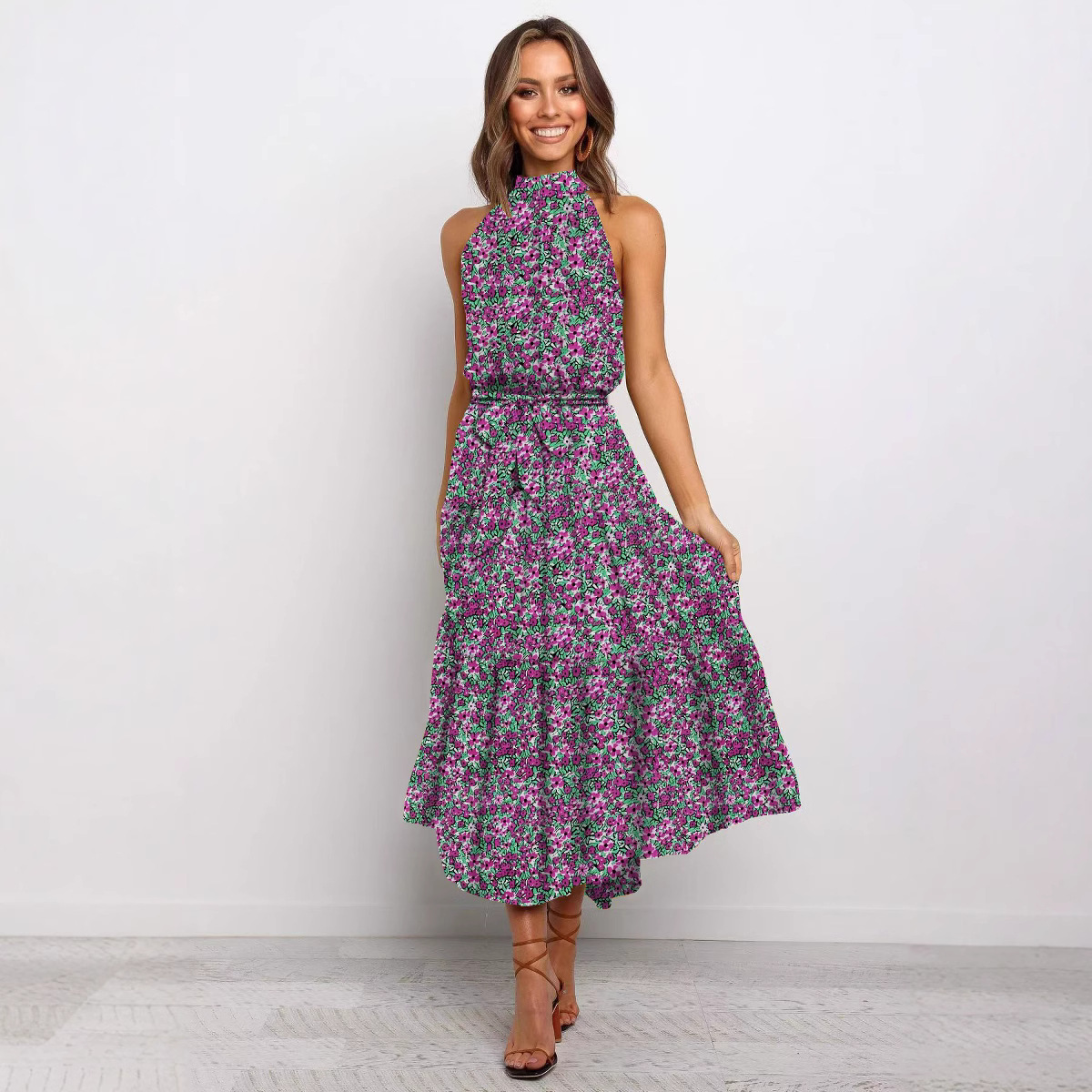 2025 European and American cross-border Amazon women's long skirt foreign trade hot-selling new halter neck polka dot print lace-up dress