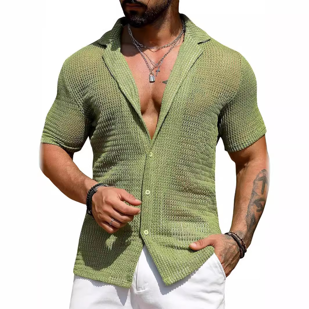 European and American men's casual shirts summer fashion cool breathable men's cardigan solid color short-sleeved tops knitted men's shirts - Image 2