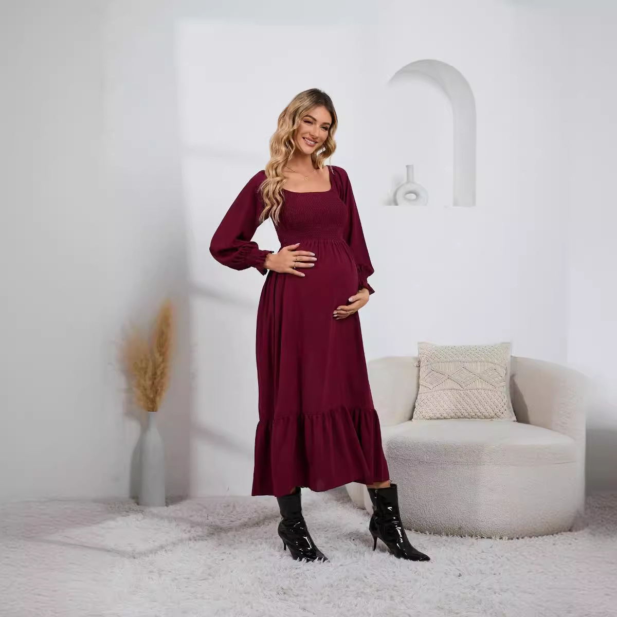 square collar spring and autumn new long sleeve ruffled high waist maternity skirt solid color dress early pregnancy skirt - Image 3