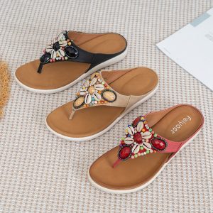 Retro Roman Bohemian Ethnic Style MD Soft Bottom Non-slip Beaded Shells All-match Women's Sandals and Slippers