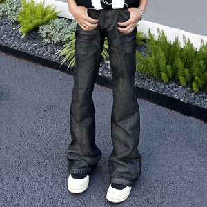 American high street vibe style high-grade washed black wax pants slightly flared pants jeans brush coated trousers men