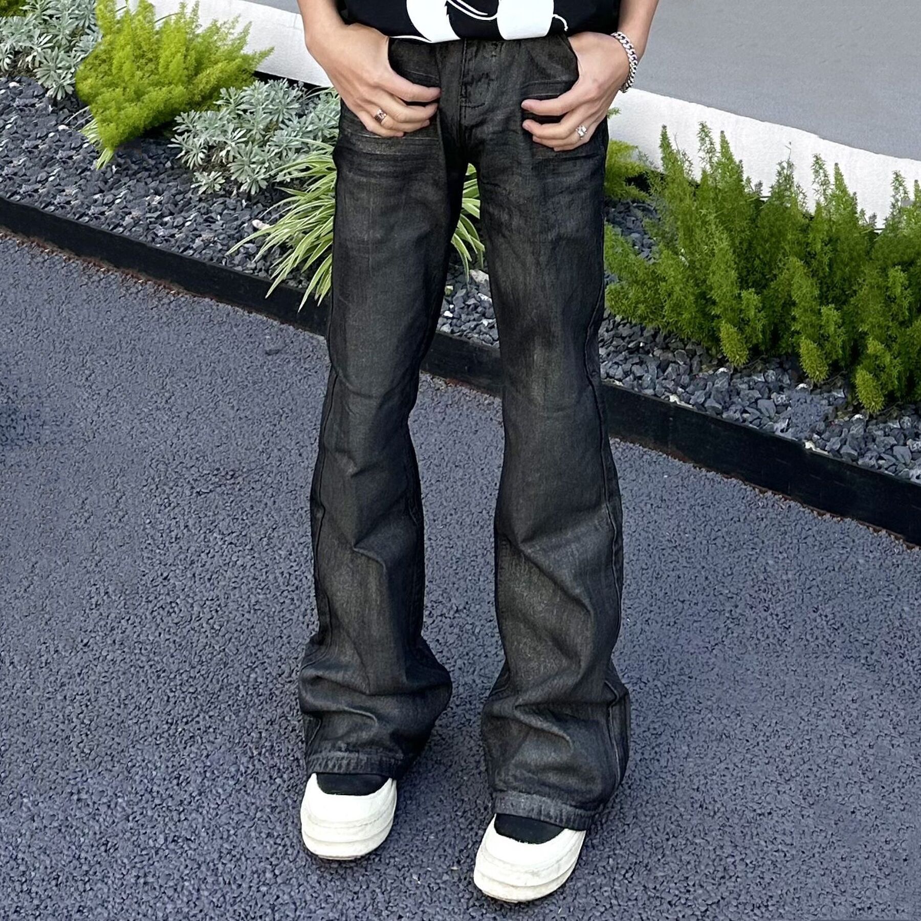 American high street vibe style high-grade washed black wax pants slightly flared pants jeans brush coated trousers men