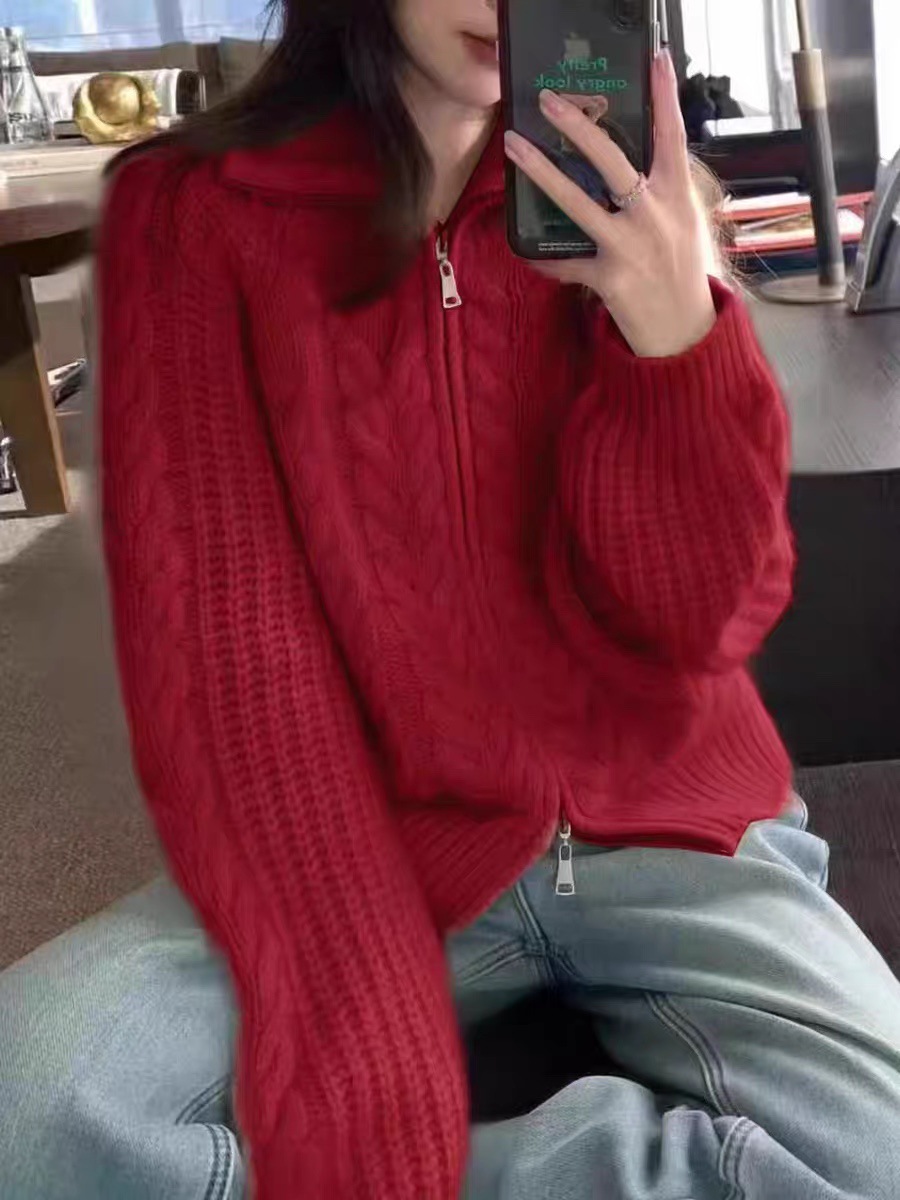 Autumn/Winter Zipper Cardigan Knit Thick Twisted Knit Loose Stand Collar Sweater 100% Wool Cardigan Coat - Image 6