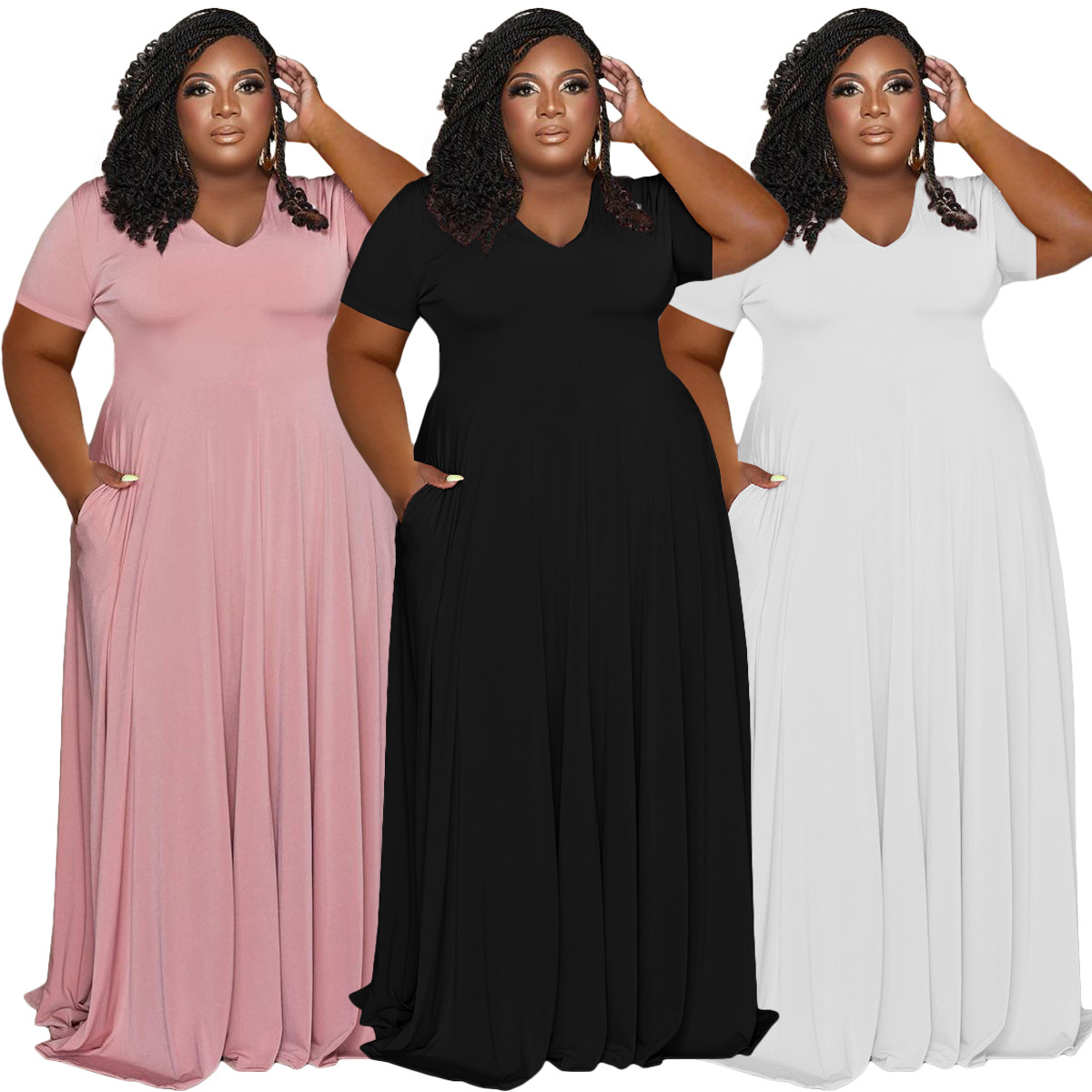 FAGADOER Elegant Solid Plus Size Dress XL-5XL Women Short Sleeve A-line Folding Dress Fashion Casual Clothing Streetwear Robe 2022 - Image 3