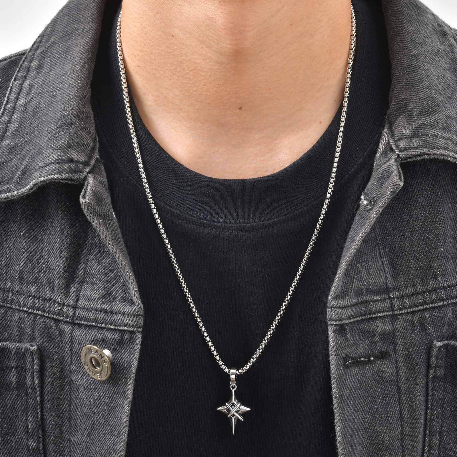 European, American, Japanese, and Korean nightclub/bar hip-hop personalized stainless steel four-pointed star pendant with black zircon, steel color PN-2316 - Image 5