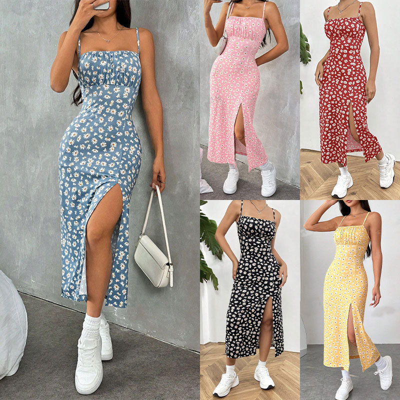 2025 New Foreign Trade Amazon Spring/Summer Camisole Strapless Slit Daisy Bodycon Print Midi Dress for Women - Image 2