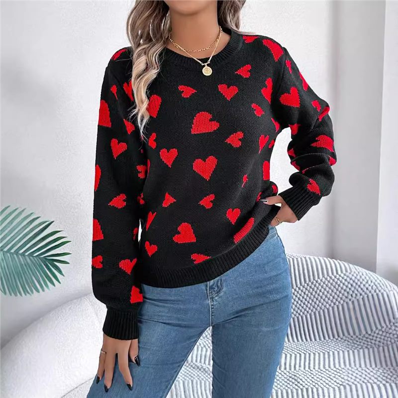 Real shot of 2025 Fall/Winter casual color-blocked heart lantern sleeve pullover sweater, Amazon cross-border Valentine's Day women's clothing. - Image 3