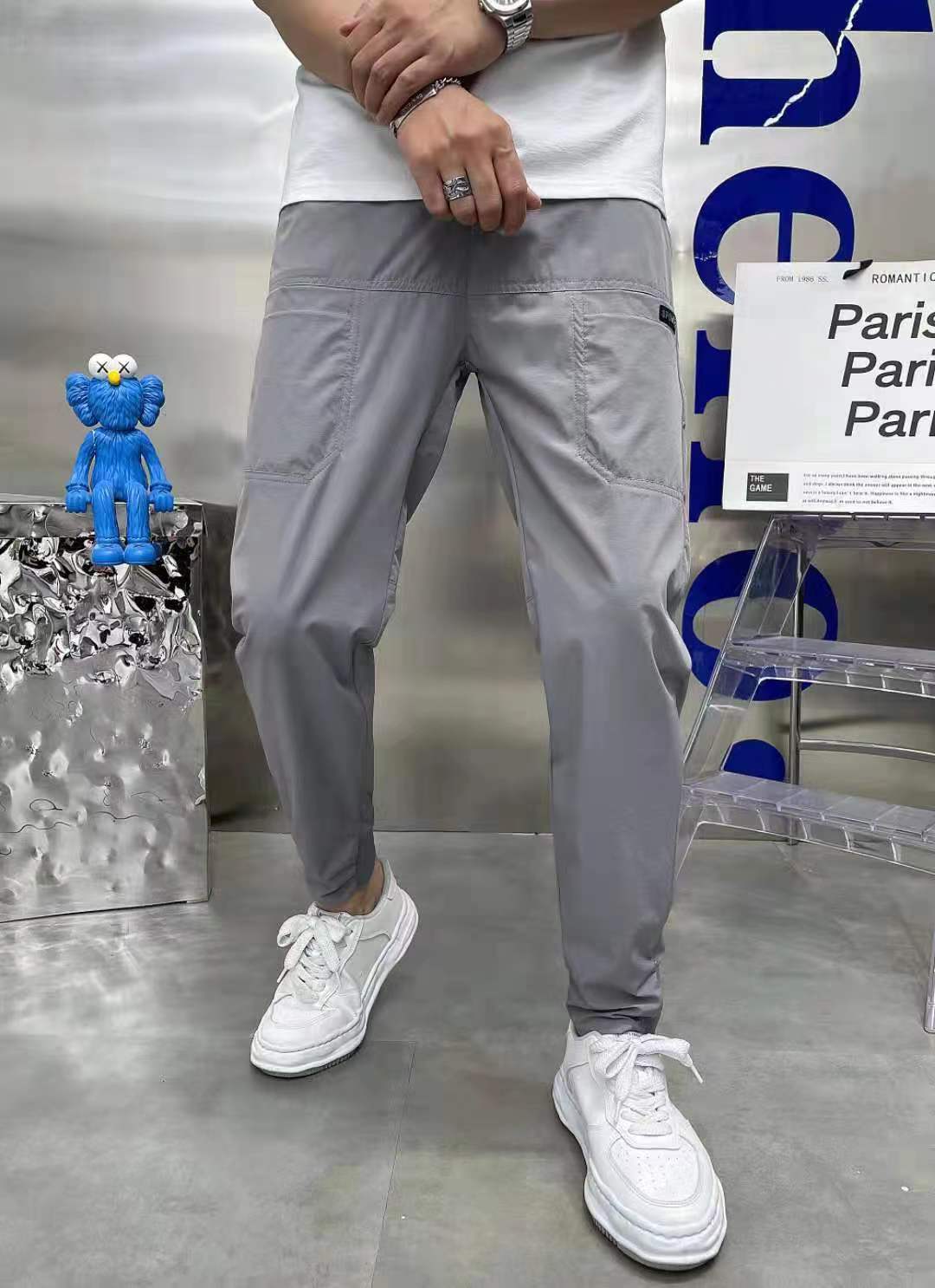 2022 Summer Ice Silk Spliced Six Pockets Embroidered High Elastic Men's Casual Pants Douyin Kuaishou Internet Celebrity Casual Pint Pants - Image 7