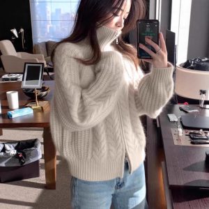 Autumn/Winter Zipper Cardigan Knit Thick Twisted Knit Loose Stand Collar Sweater 100% Wool Cardigan Coat