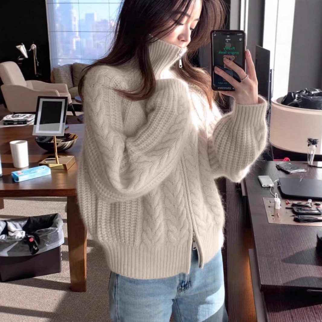 Autumn/Winter Zipper Cardigan Knit Thick Twisted Knit Loose Stand Collar Sweater 100% Wool Cardigan Coat