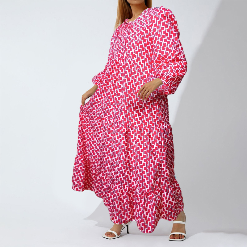 Cross-border European and American plus-size ladies loose-fitting Bohemian round-neck lantern-sleeve sweet girl dress - Image 11