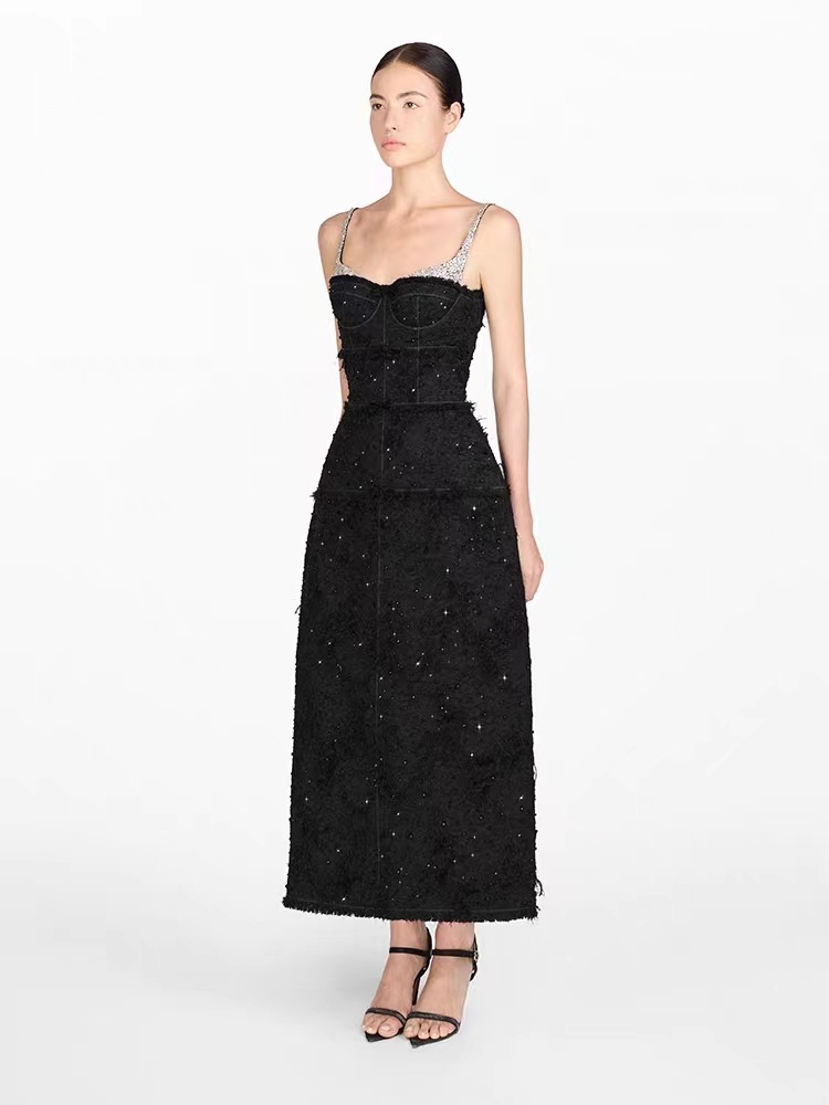 Spot temperament bow edge suspender long skirt celebrity slim waist black dress 40223 - Image 6