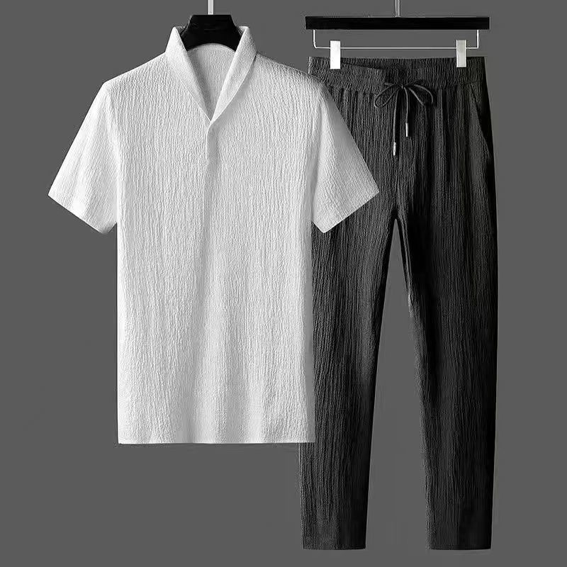 Suit Men's 2023 New Summer Thin Casual Sports Suit Men's Fashionable Short-Sleeved Trousers Trendy Light Luxury - Image 5