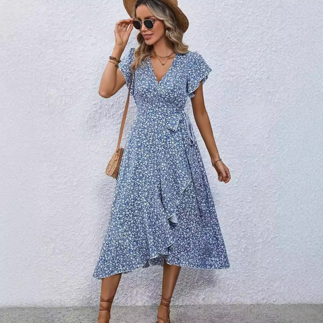 Independent Amazon cross-border e-commerce platform, floral print V-neck cardigan with tie-up short sleeves, bohemian style, full skirt, vacation dress - Image 4
