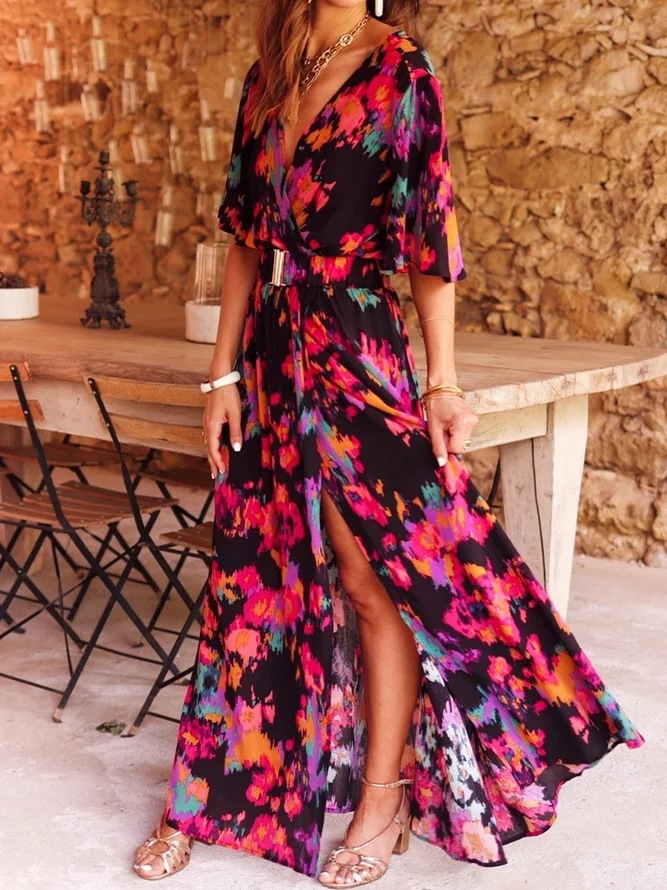 2025 spring and summer new European and American cross-border printed short-sleeved dress slim waist commuting mid-length temperament - Image 6