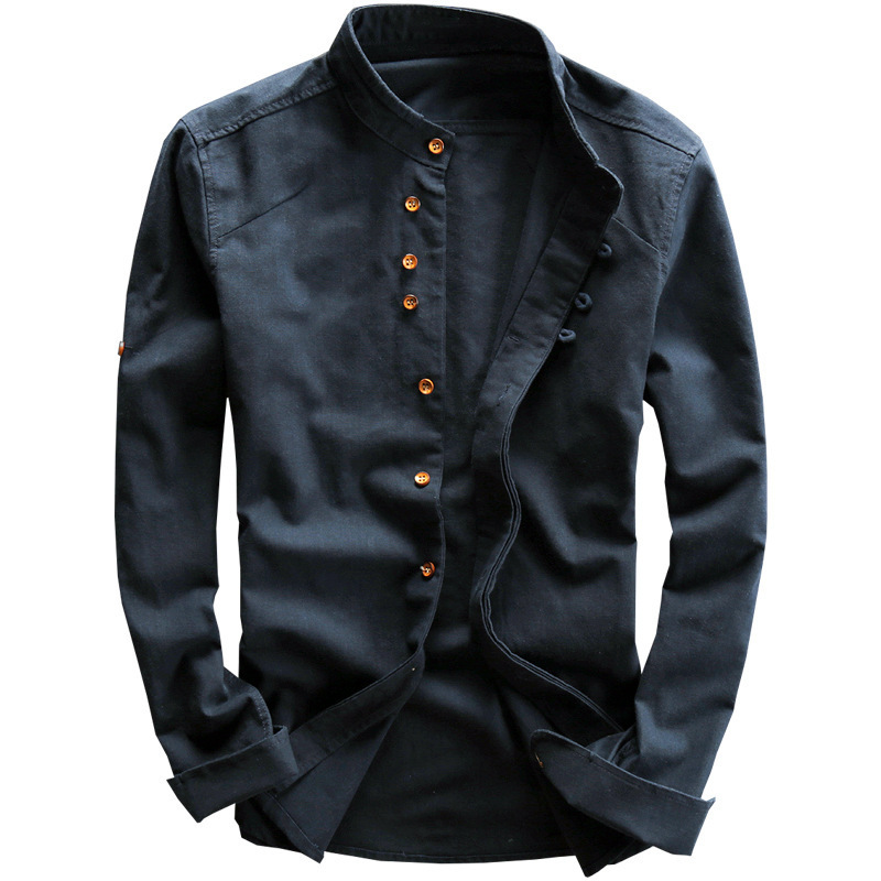 2024 autumn and winter new men's casual linen shirt Chinese style stand-up collar independent station wish cotton and linen shirt - Image 4