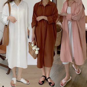 2025 Korean chic, relaxed style, simple basic comfortable long over-the-knee shirt, trench coat, jacket, shirt.