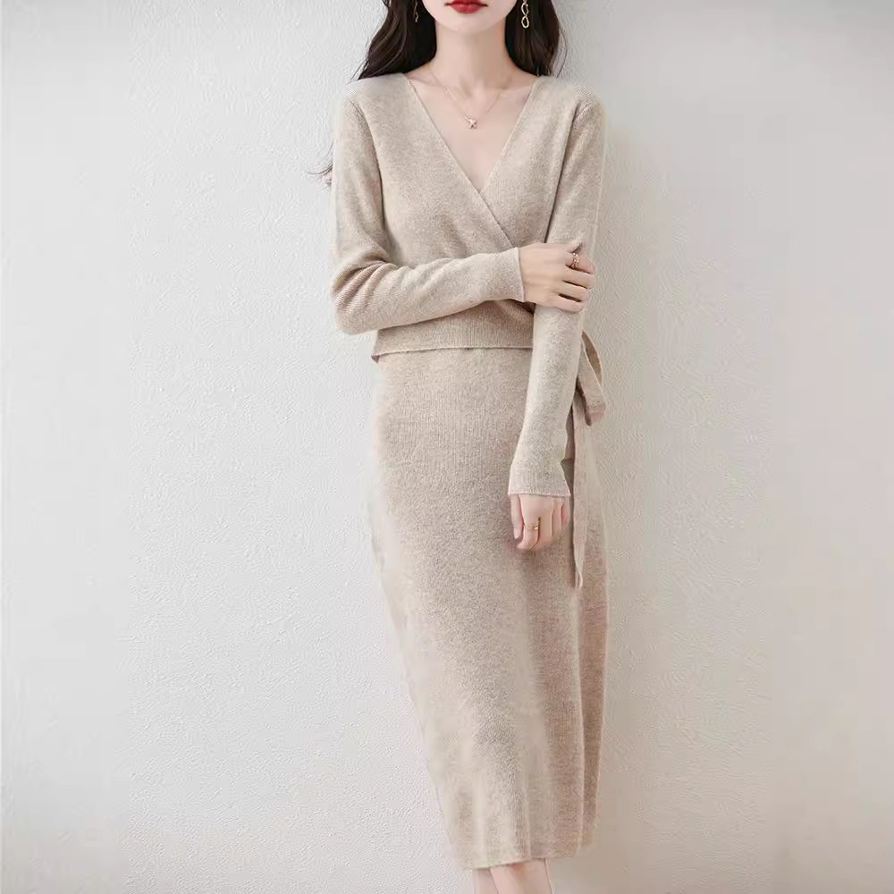 2024 Autumn/Winter New Light Luxury Pure Wool Dress Cross Neck Waist Tie-Waist Long Dress Slimming Knit Dress - Image 2