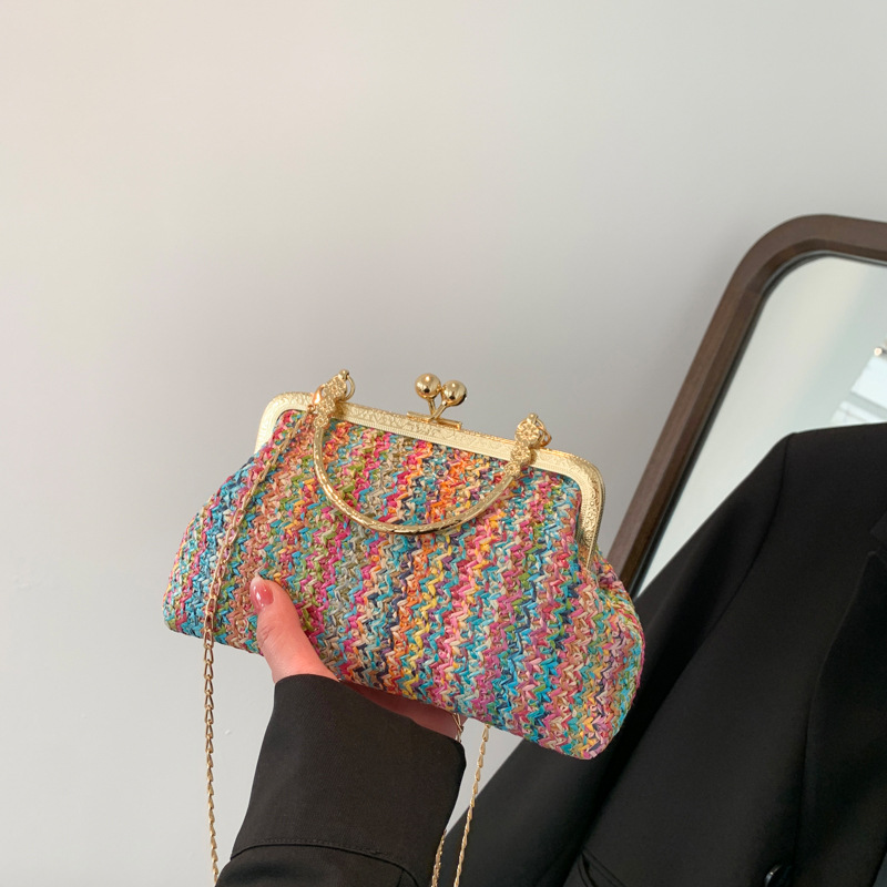 Color woven handbags 2023 spring and summer new style foreign style this year popular single shoulder Messenger bag chain bag women's bag - Image 3