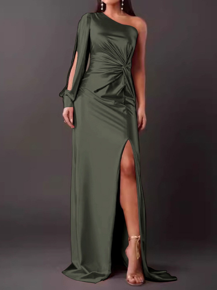 2024 summer new European and American Amazon cross-border women's clothing oblique collar raglan sleeves pleated waist slit sexy long skirt - Image 11