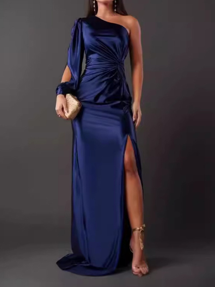 2024 summer new European and American Amazon cross-border women's clothing oblique collar raglan sleeves pleated waist slit sexy long skirt - Image 17