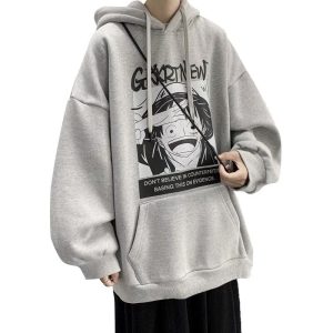 One Piece sweatshirt men's autumn and winter hooded plus velvet sports brand trend ins loose jacket Hong Kong style hoodie top