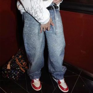 American high-street AC style, rhinestone-encrusted loose straight-leg jeans for men, trendy brand, niche brand, wide-leg pants with drawstring waist belt