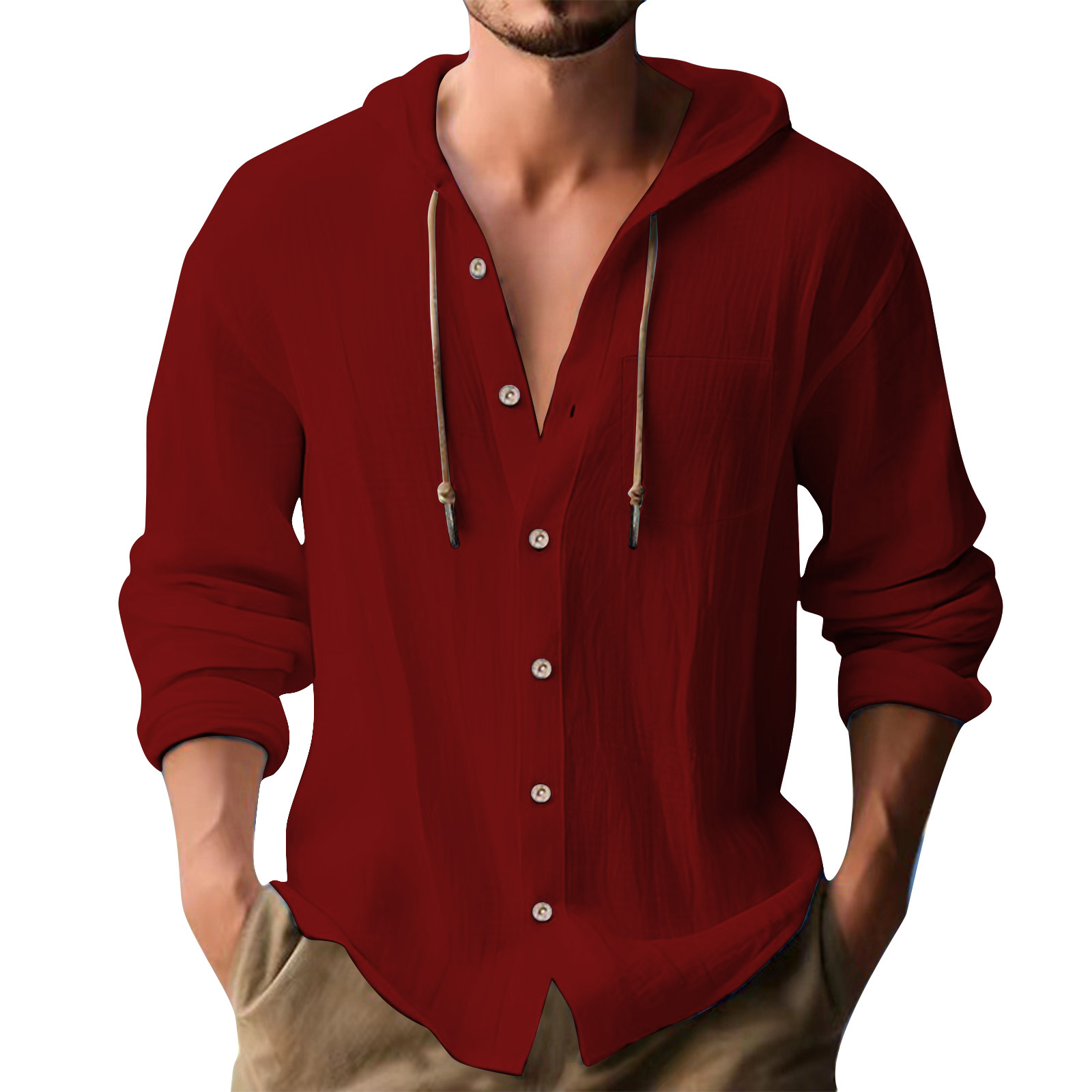 Cross-border European and American 2025 New Hot Selling Sports Trendy Hooded T-shirt Solid Color Cotton Linen Casual Long Sleeve Men's Shirt - Image 12