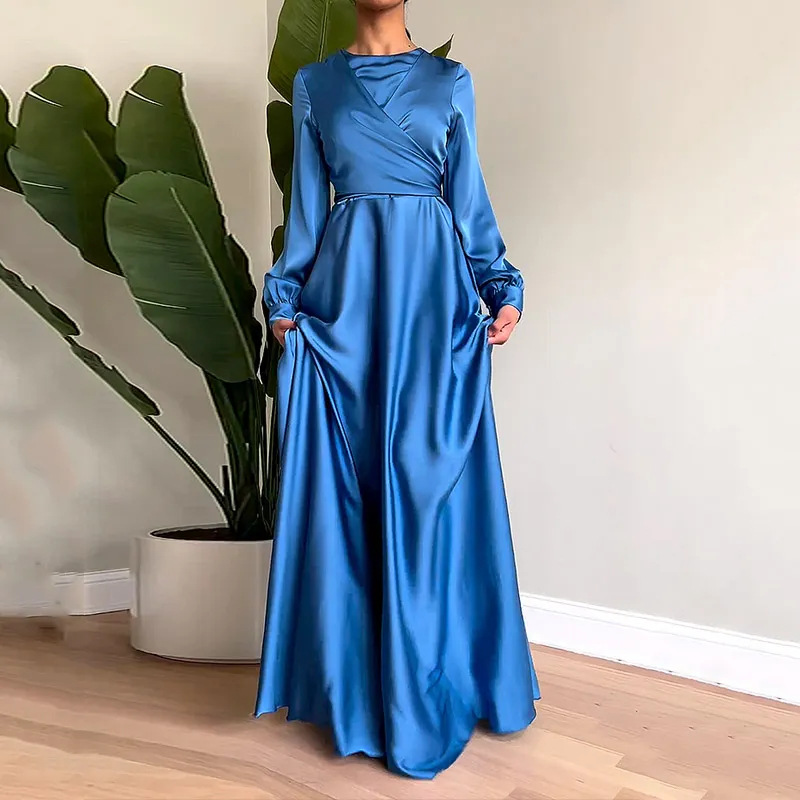 2023 Autumn European and American Amazon cross-border foreign trade new solid color round neck textured high-waist slim long-sleeved dress