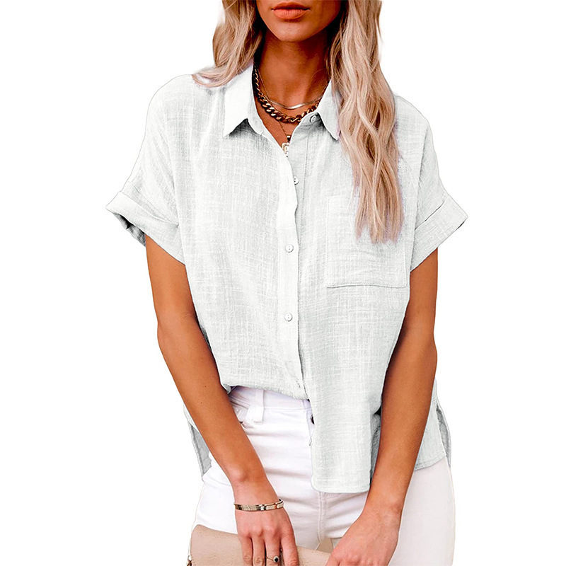 Amazon wish2022 summer new European and American cross-border women's solid color linen shirt short-sleeved casual loose shirt - Image 12