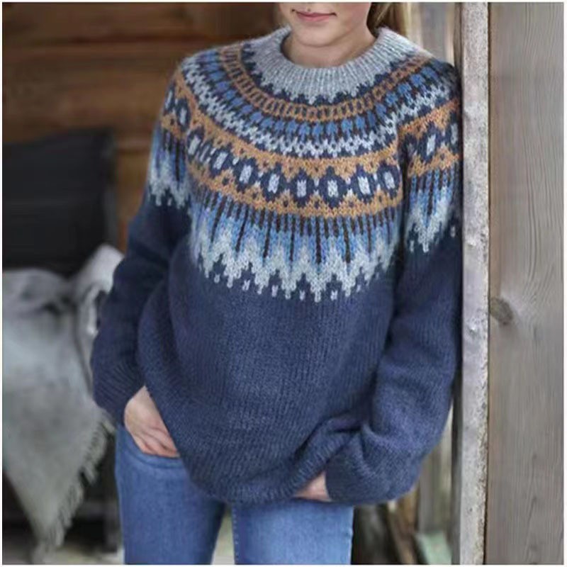 Amazon European and American new sweater women's wish hot sale round neck color matching loose fashion pullover sweater - Image 6