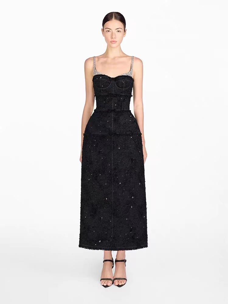 Spot temperament bow edge suspender long skirt celebrity slim waist black dress 40223 - Image 5