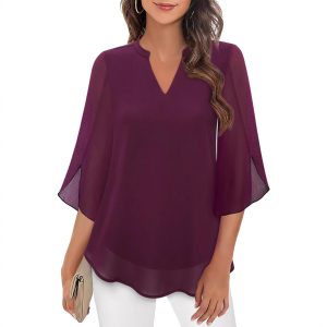Women's V-Neck Chiffon Shirt with Petal Sleeves