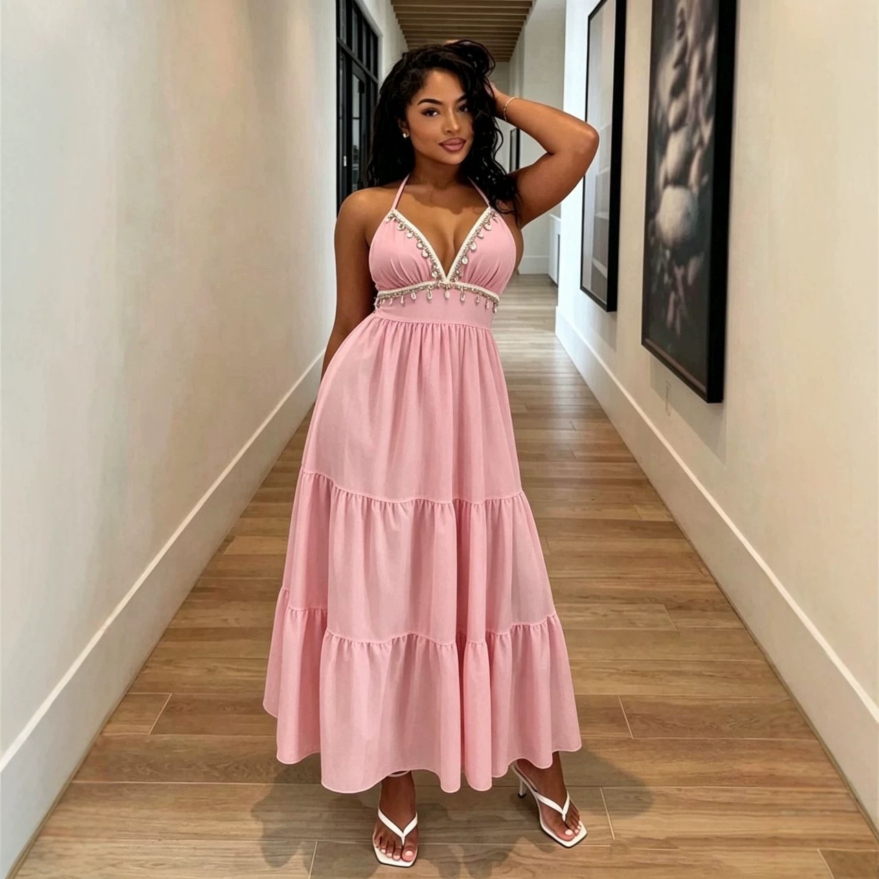 European and American style new cross-border resort-style V-neck halter neck tie dress with shell tassels, solid color fashionable long dress - Image 2