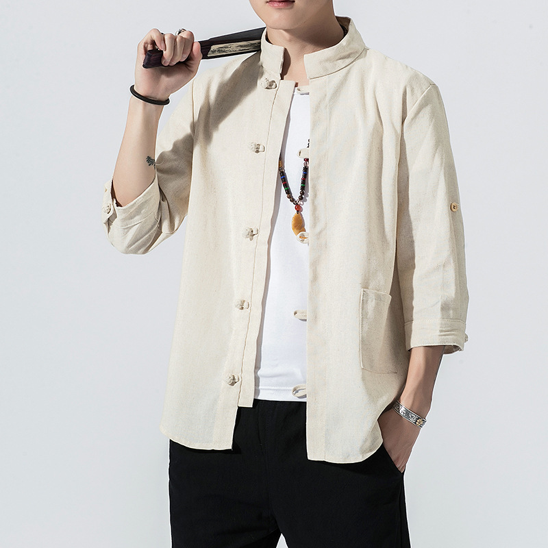 2022 summer new men's Chinese style solid color cotton linen stand collar 7 points sleeve shirt button retro casual shirt - Image 7