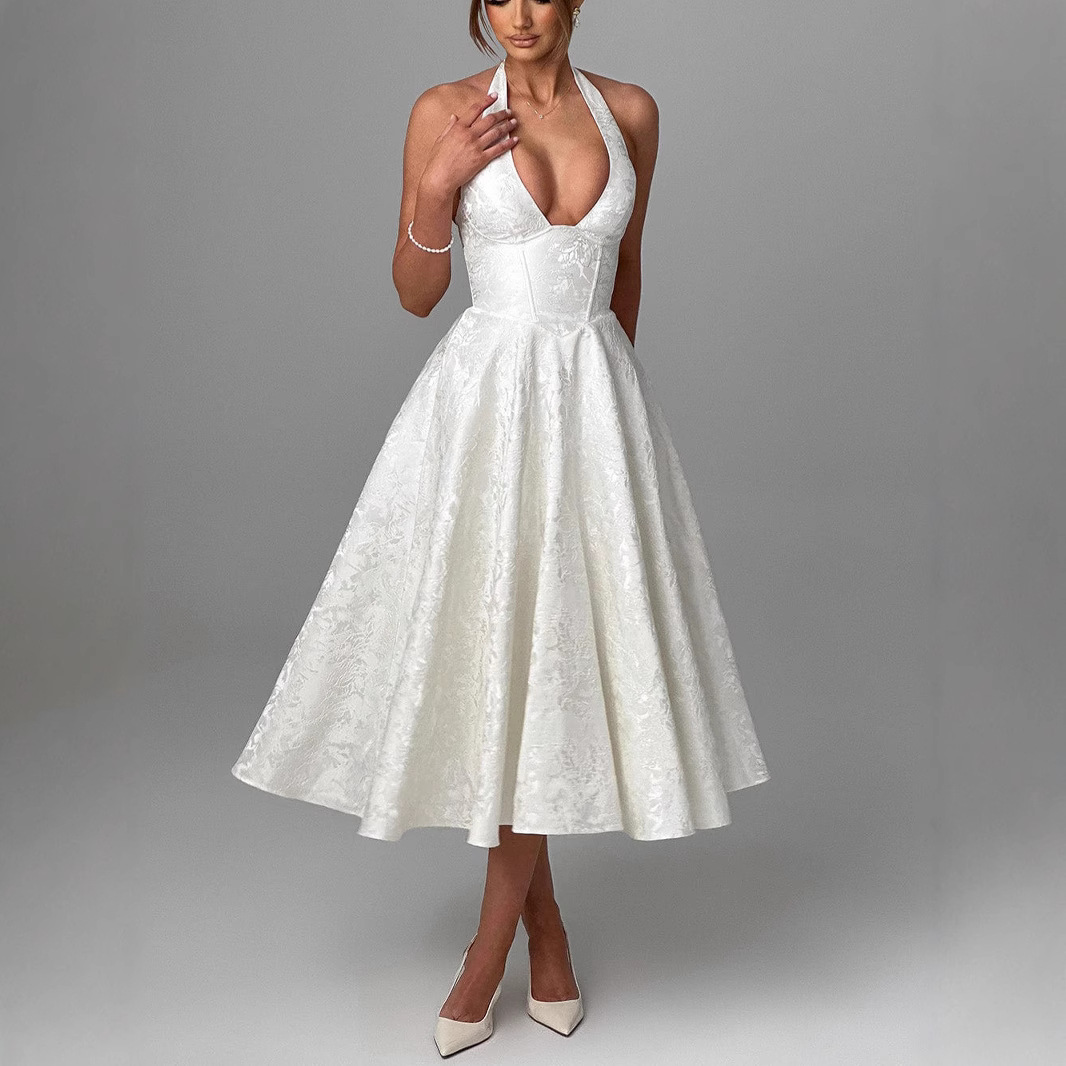 European and American cross-border V-neck halter neck jacquard dress high-end evening dress spring and summer temperament sleeveless backless waist long dress - Image 2