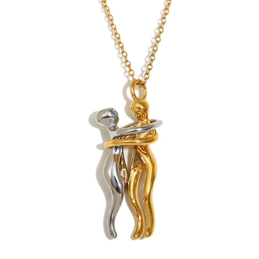 Cross-border jewelry, European and American fashion niche design creative pendant, stainless steel 18K gold lovers' embrace couple necklace - Image 5
