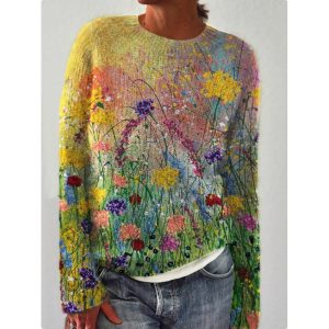 Spot 3D printed women's flower pattern pullover sweatshirt without hood casual loose long-sleeved top trendy brand