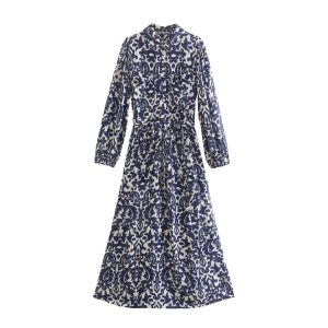 1429 Spring new women's clothing European and American style stand-up collar printed midi long-sleeved waist tie dress 5216045