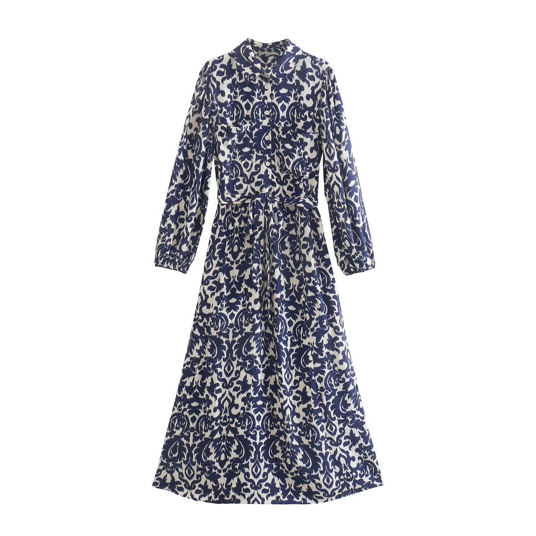 1429 Spring new women's clothing European and American style stand-up collar printed midi long-sleeved waist tie dress 5216045